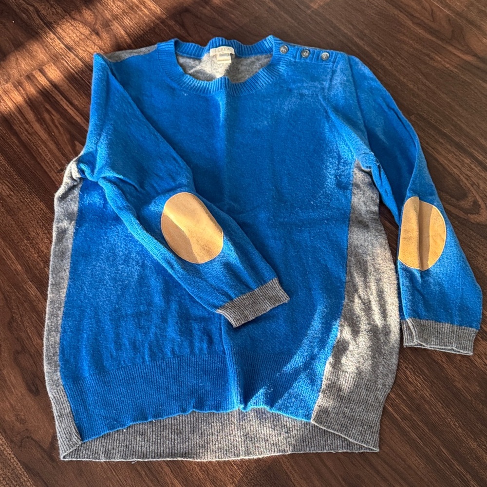 J. Crew Blue and Gray Sweater with tan elbow patches